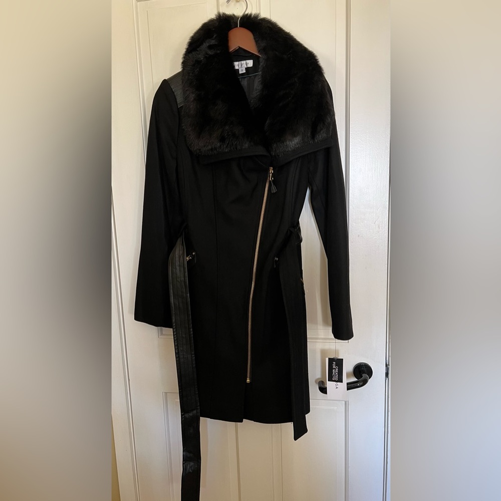 VIA SPIGA Black Wool Trench Coat Jacket Faux Fur Collar NWT